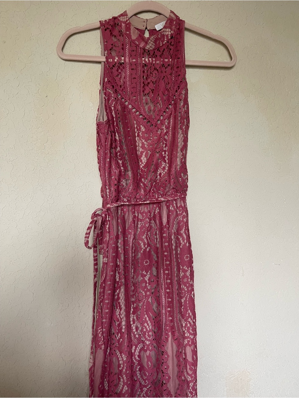Wayf Rose Pink Crochet Lace Maxi Dress